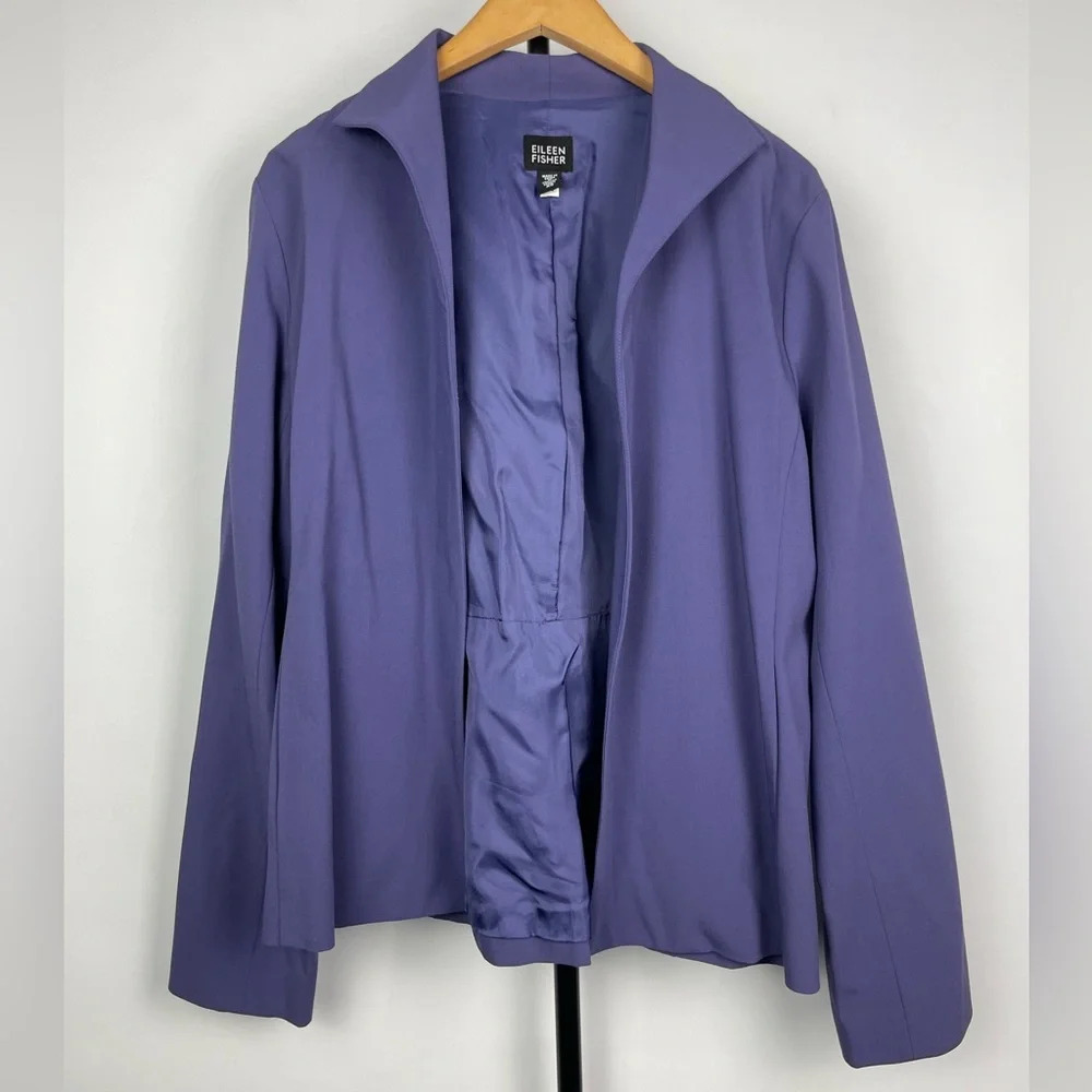 Eileen Fisher Purple Blue‎ Wool Blend Open Front Blazer Jacket